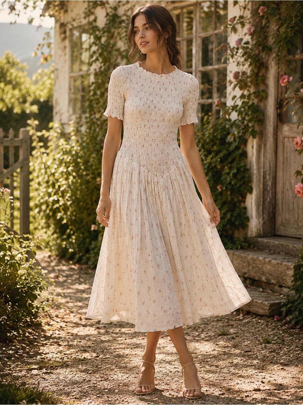 Worth Collective Bianca Off White Smocked Floral Midi Dress S